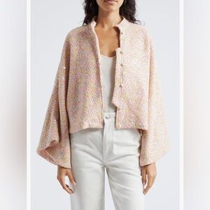 NWT $650 La Vie Style House Daisy Sequin Bell Sleeve Crop Jacket in PEACH PINK!